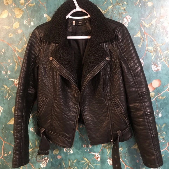 Only- biker leather jacket with inner fleece size 34 - Picture 2 of 8